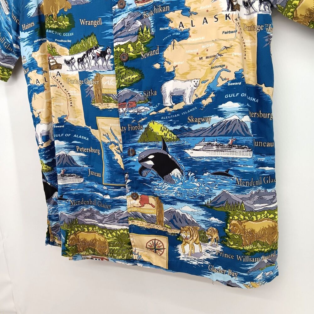 David Carey Shirt Mens Large Blue Alaska Theme Short Sleeve Collared Button Up - Picture 3 of 8